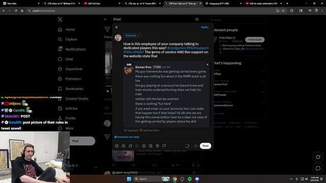 Xqc tweets at Valorant for falsely banning Train for being carried too hard