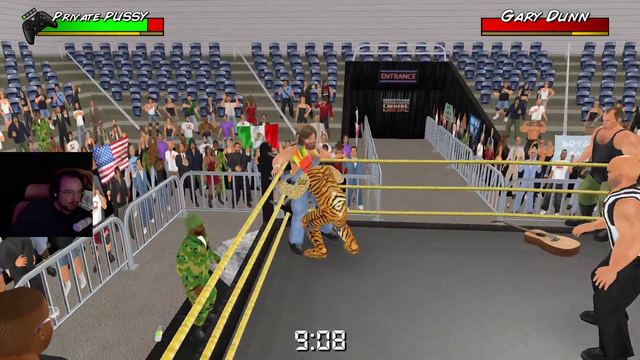 Referee interviews wrestler in middle of a fight