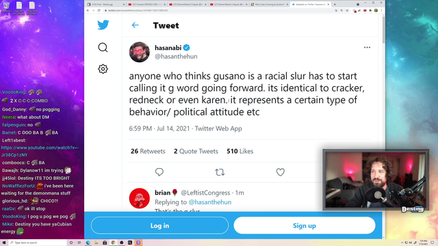 Destiny addresses Hasan's Tweet about the word Gusano