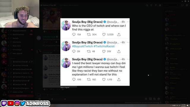 Soulja Boy tells AdinRoss that he's going to get banned for talking to him on stream