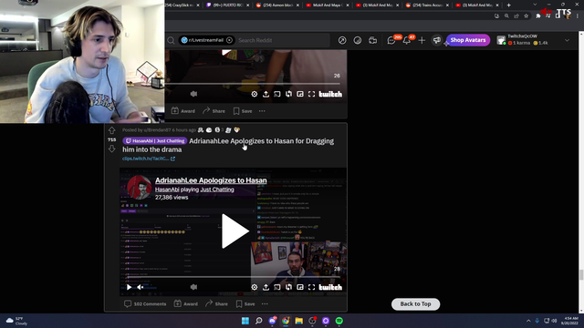 xQc skips the clip of AdrianahLee apologizing to Hasan