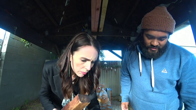 Broxh walks Jacinta Arden through a bit of wood working