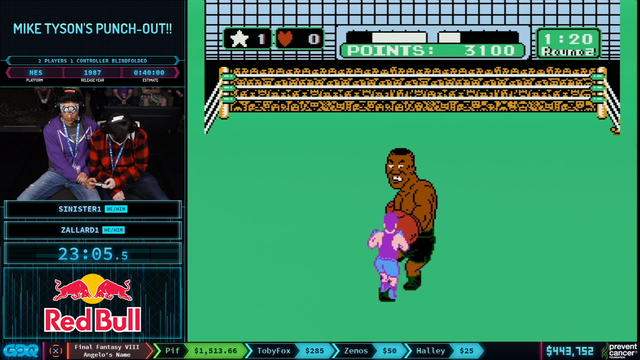 Competitors on GamesDoneQuick defeat Mike Tyson's Punch-Out while blind folded.