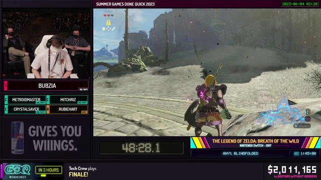 GDQ speedrunner parries a guardian in BOTW blindfolded.