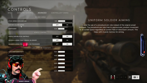 Dr.Disrespect on advance settings of Battlefield 5.