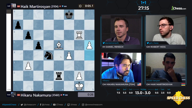Hikaru wins a bullet chess game (1 minute chess) while eating salad
