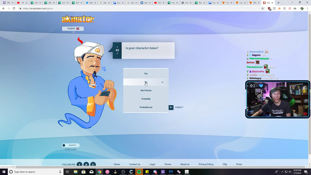 BeasttrollMC searches himself on Akinator