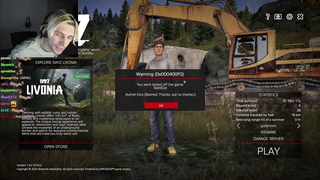 xQc banned from DayZ RP with the message "Thanks, but no thanks.", proceeds to leak server IP in retaliation.