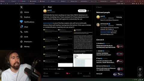 Asmongold responds to QTCinderella's mass false DMCA takedowns of old clips "She should retract all of these. Everybody should call this out. It's completely not acceptable"