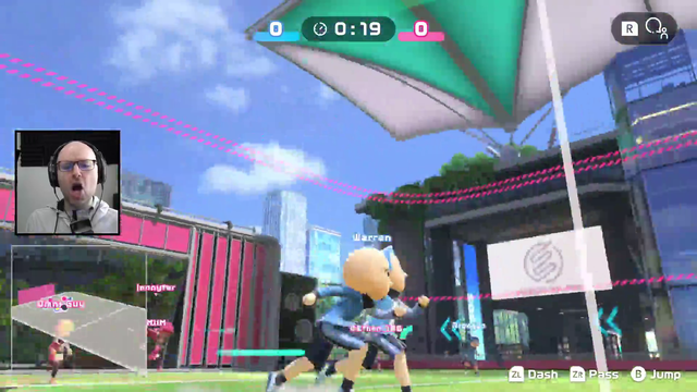 Bald gamer scores a goal