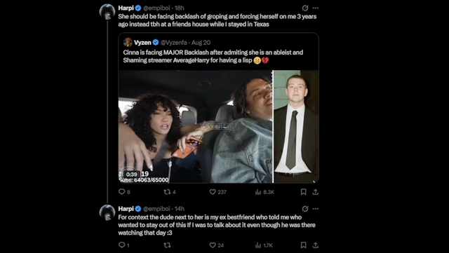 Streamer Empi alleges Cinna groped and forced herself on him. Claims Zoil watched it happen