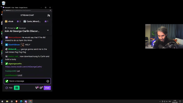 Athene's Ai George Carlin starts banning everyone forcing him to end stream.