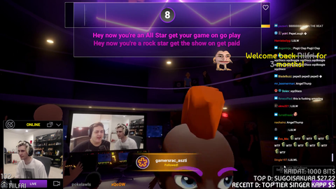 Poke sings during a pause