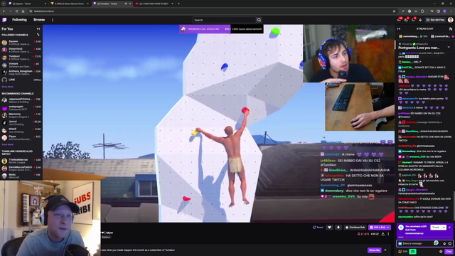 The creator of A Difficult Game About Climbing encouraged a big Italian streamer to keep trying...