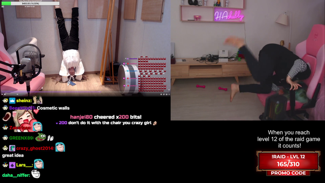 Hachu performs a "handstand" on a chair