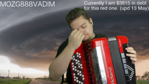 Man shreds accordion, playing mysterious tune.