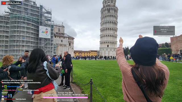 Hachu takes a picture of the Leaning Tower of Pisa
