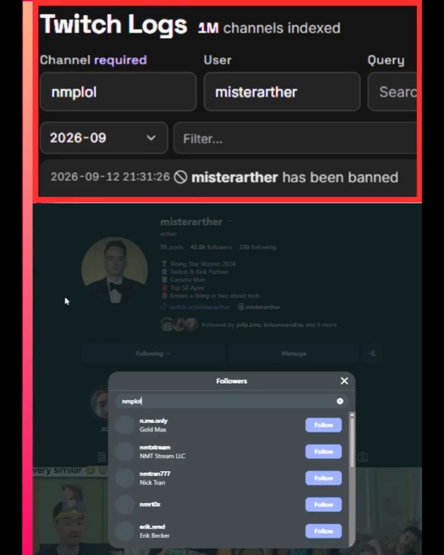 NMP has banned misterarthur from his stream and unfollowed on socials