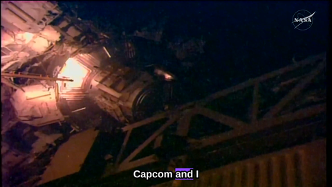 NASA CAPCOM singing after grueling 13 hours total spacewalk 97 & 98 to replace space-to-ground antenna