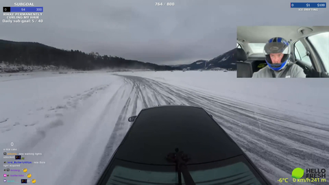 Vangard crashes his car hard into the snow bank while drifting on the ice