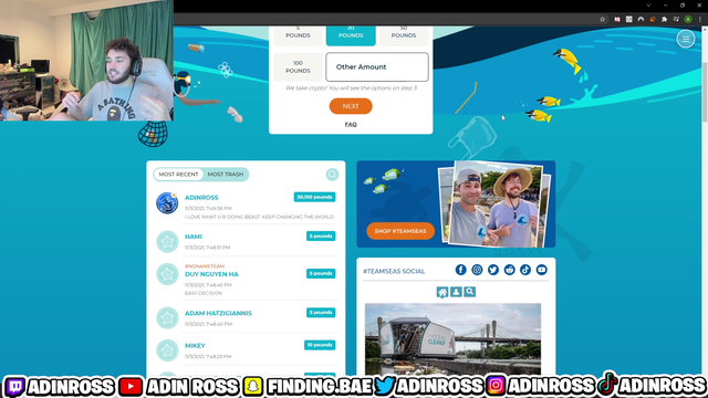 AdinRoss donates $50,000 to MrBeast's TeamSea campaign on stream