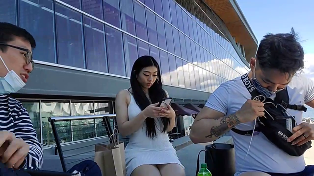 Wholesome Guy tries to cover her thigh with his clothes
