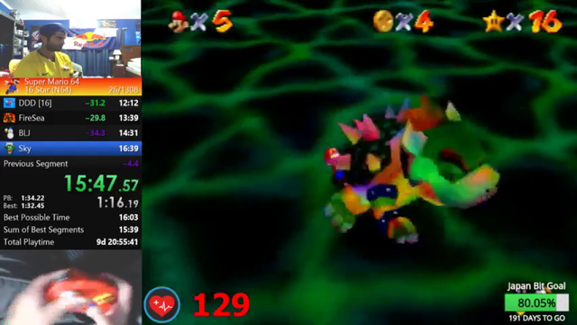 Lunarjump gets a new Personal Best in SM64 16Star speedrun