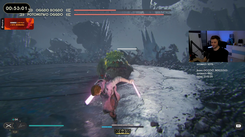 Polish streamer h2p_gucio is currently trying to beat Star Wars boss OGGDO_BOGGDO for 21 hours straight (has not killed even one frog yet) and sitting at 30k viewers. Unbreakable