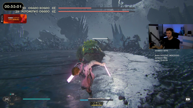 Polish streamer h2p_gucio is currently trying to beat Star Wars boss OGGDO_BOGGDO for 21 hours straight (has not killed even one frog yet) and sitting at 30k viewers. Unbreakable