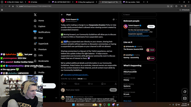xqc checks twitch guidelines about banned streamers appearing on live events and other people's live streams