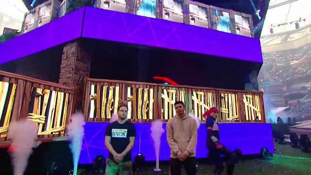 Myth's partner (an actor from Mr. Robot) throws out his back while being announced at the Fortnite World Cup