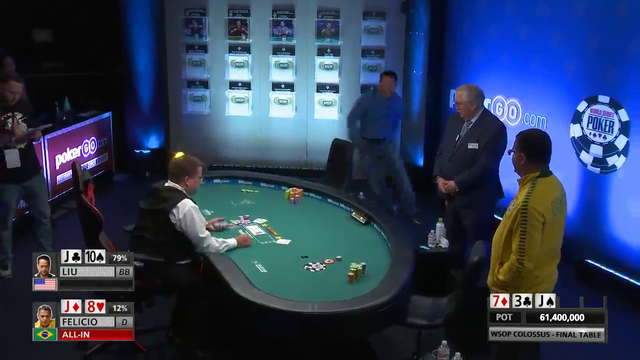 Guy celebrates a poker tournament win worth a million dollars before the hand is over