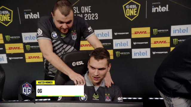 Dota pro after carrying a major game gets massaged by teammate