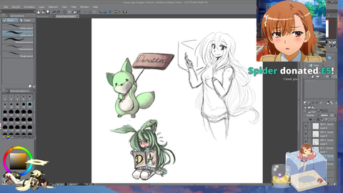 Small creative streamer gets $214 sub train while drawing donation buttons.
