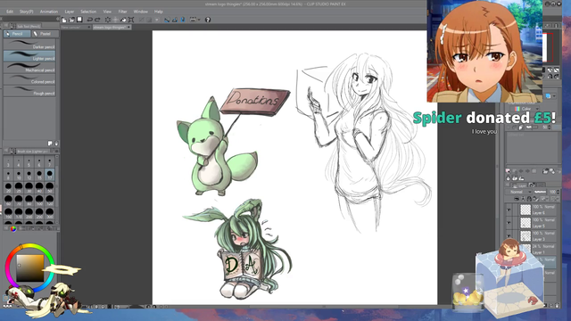 Small creative streamer gets $214 sub train while drawing donation buttons.