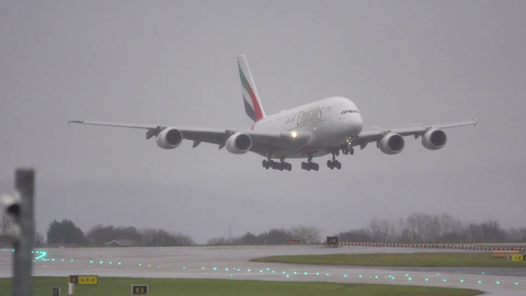 An Emirates Airbus A380, the largest passenger airliner in the world, performing a go-around at wind-swept Manchester. Credit to the awesome folks at Airliners Live for this fantastic capture.