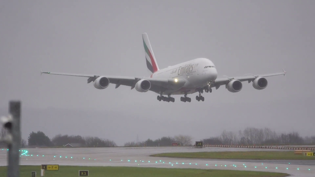 An Emirates Airbus A380, the largest passenger airliner in the world, performing a go-around at wind-swept Manchester. Credit to the awesome folks at Airliners Live for this fantastic capture.