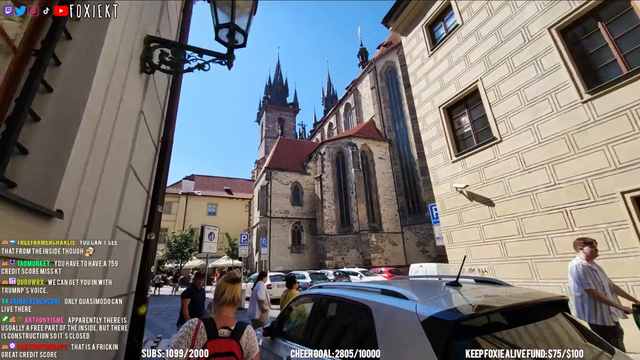 Woman in Prague crop dusts tourist