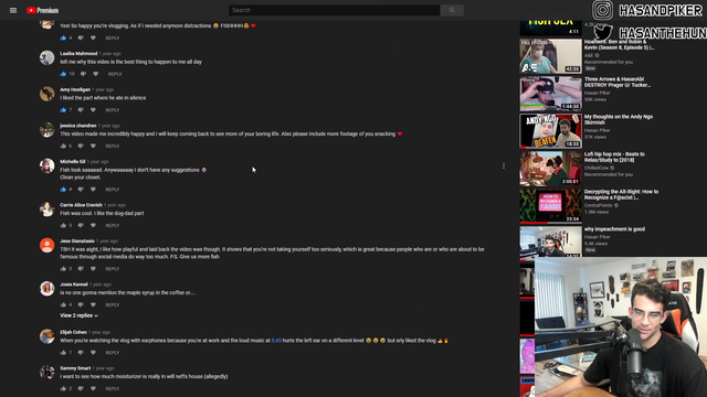 Hasan reads the comments after reacting to one of his first vlogs