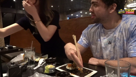ExtraEmily lands on-stream job interview with manager of a Sushi restaurant
