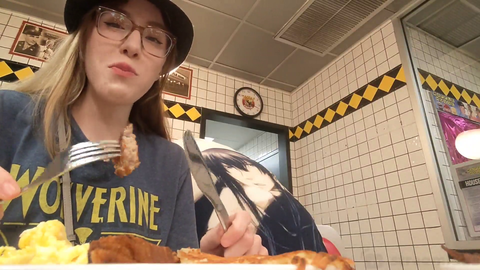 Streamer attempts to feed "boyfriend" at waffle house.