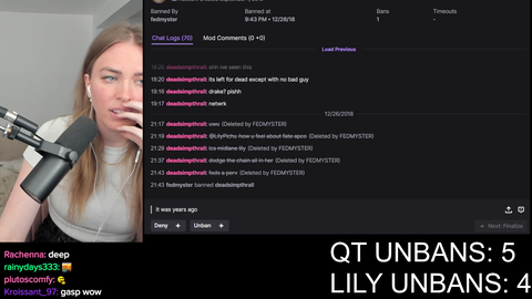 QT finds a chatter banned by Fedmyster in Lilypichu's chat