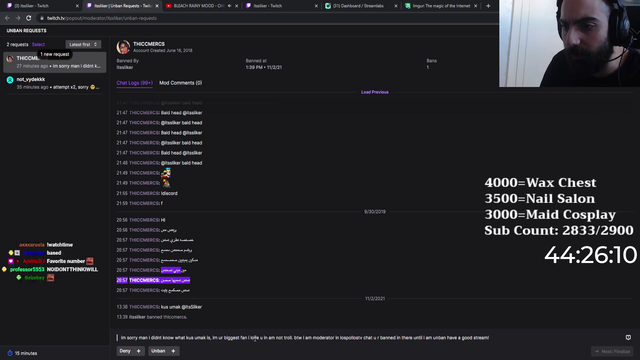 A viewer blackmales sliker for an unban