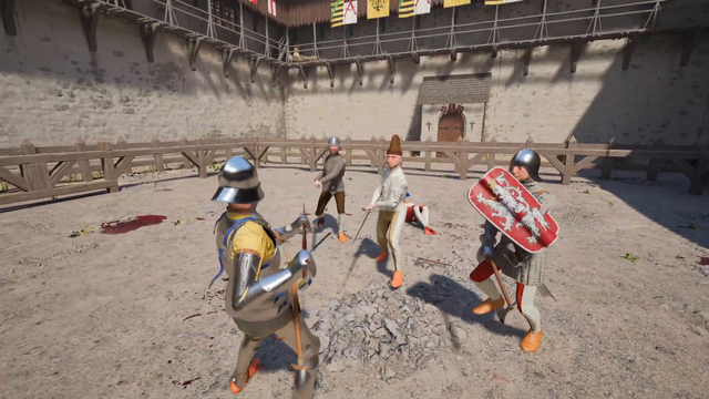 Court jester performing in the middle of gladiatorial combat