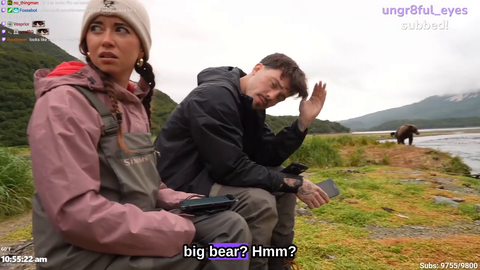 Same huge grizzly charges for a fish directly in front of Maya and Adapt