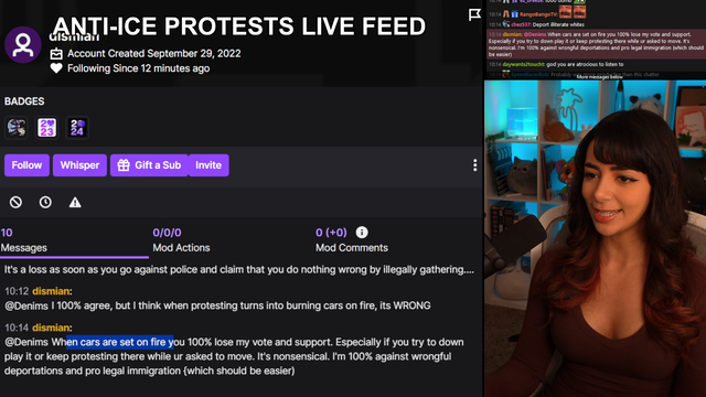 Denims tells chatter if they dont support burning cars they should leave her chat