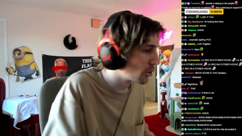 xQc goes live at Ludwig's house in a child's room, wearing Hasan's sweater and QT's joggers