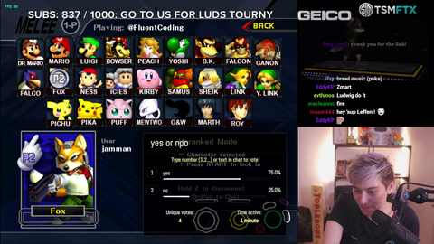 Ludwig has his viewers flood Leffen with subs so he flies to the US to play in his Melee tournament