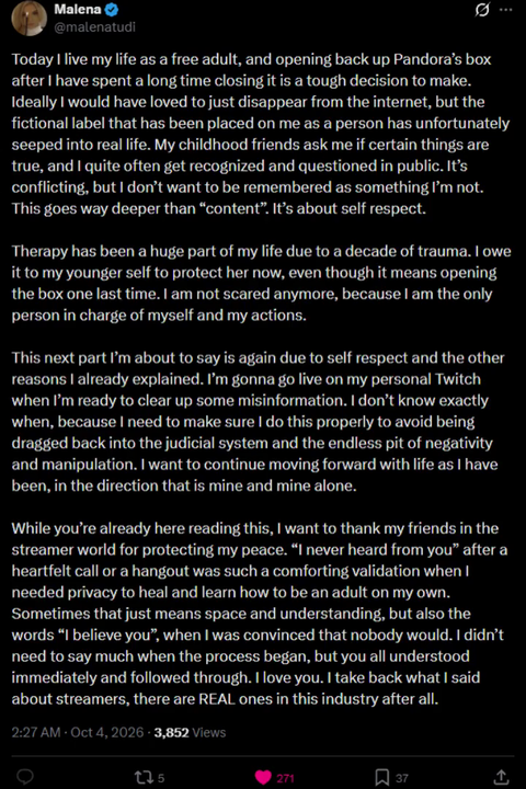 Malena (NMPlol ex wife) will be going live on Twitch soon to tell her story..