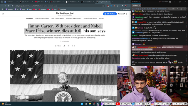 Hasan gets called out by chatter for saying Jimmy Carter was a good guy.